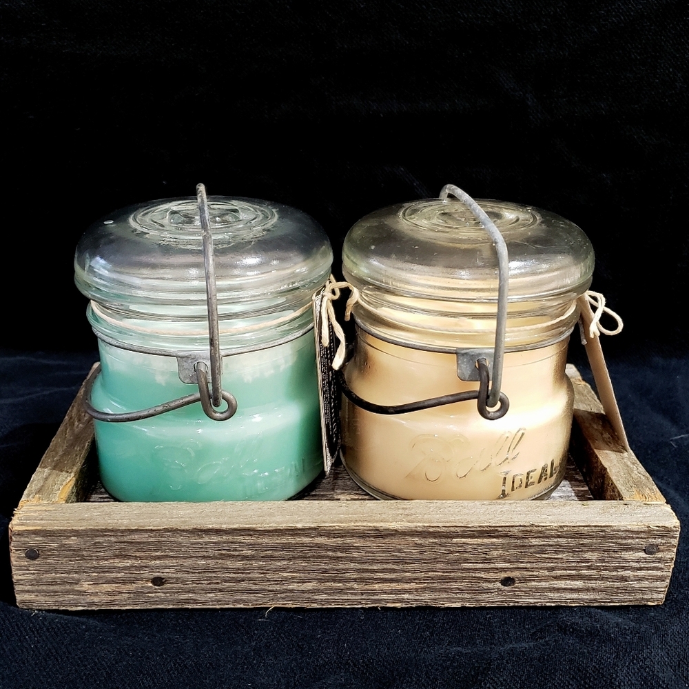 BALL CANNING JAR CANDLES ON VINTAGE RECLAIMED WOOD